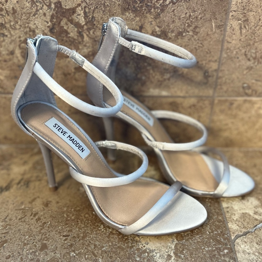 Steve Madden - Silver satin three strap, strappy heels, size 8